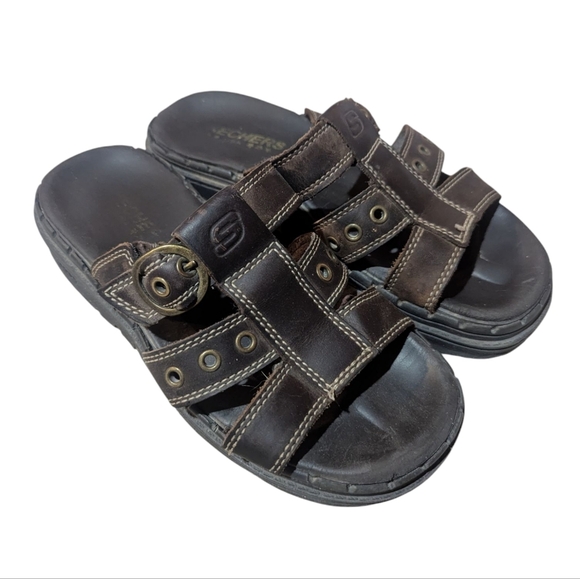 Skechers Sun Jammer Sandals Size 8 Chunky Lug Sole Slides Brown Leather Y2K Vtg - Picture 1 of 11